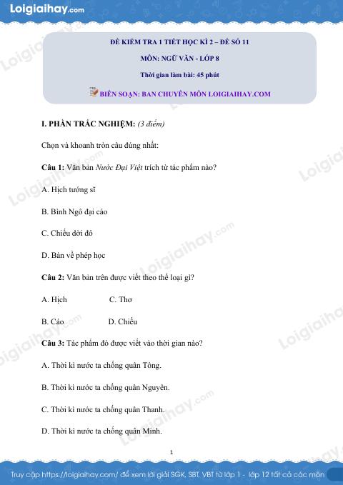 Đề kiểm tra 1 tiết Văn 8 - Đề số 11